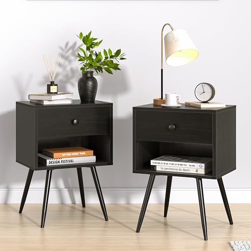 VECELO Black Nightstands Set of 2 | Modern Mid Century Bedside Tables with Storage Drawer & Open Shelves