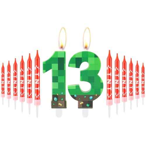 Green Number 13 Candle,Pixel Birthday Cake Candle Decoration Green TNT Print Themed Birthday Candles Numeral Birthday Cake Topper for Boy Girl Pixel Game Party Decoration Supplies