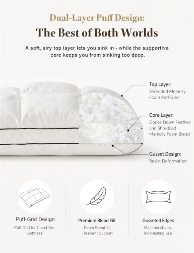 White King Size Dual-Layer Goose Feather Down Pillows 2 Pack