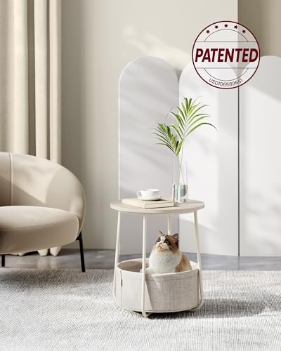 Cream White Small Round Side End Table with Fabric Storage Basket - Modern Nightstand