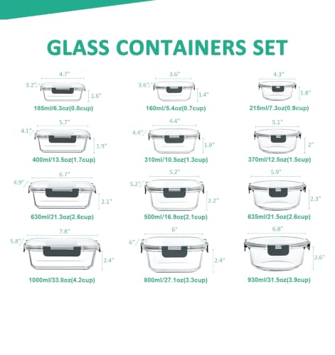 KOMUEE 12-Pack Gray Glass Food Storage Containers Set - BPA-Free, Oven & Microwave Safe