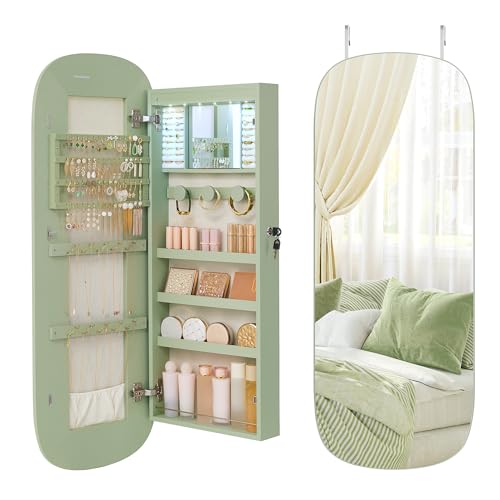 SONGMICS Laurel Green LED Wall Jewelry Cabinet & Mirror 42.5" H - Modern Wall-Mounted Organizer with Rounded Corner Mirror