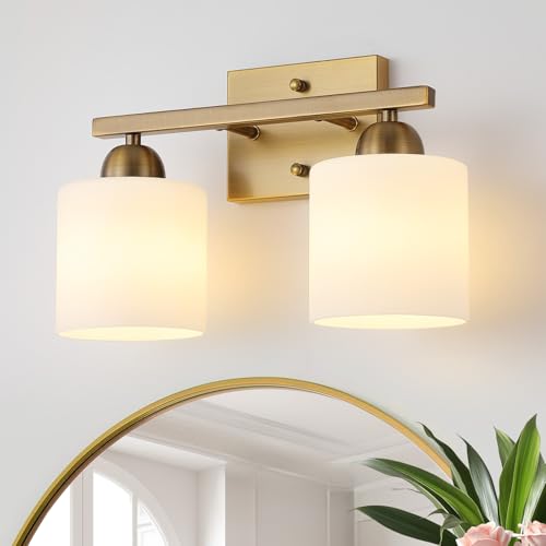 Brass 2-Light Milk Glass Vanity Lights for Bathroom - Over Mirror Wall Fixture