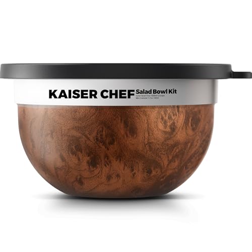 Kaiser Chef Wood Variation Stainless Steel 74oz Salad Bowl Kit with Lid & Accessories