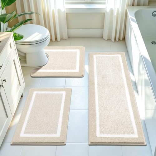Pauwer 3-Piece Non-Slip Bathroom Rug Set with U-Shaped Toilet Mat - Light Beige, 18x26/18x48 inches