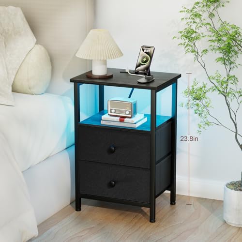 LOAKEKEL Black Two-Drawer LED Nightstand with Charging Station