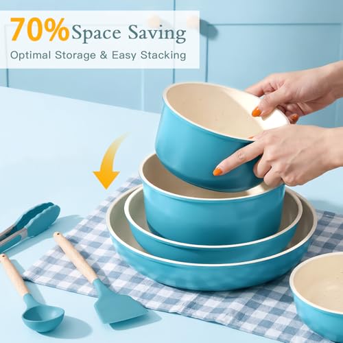Nonstick Cookware Set 21 Pcs with Detachable Handles - Light Blue Gradient