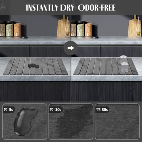 Sangukiro Marble Gray Large Stone Dish Drying Mat 24x16 with Coasters, Non-Slip Kitchen Counter Protector