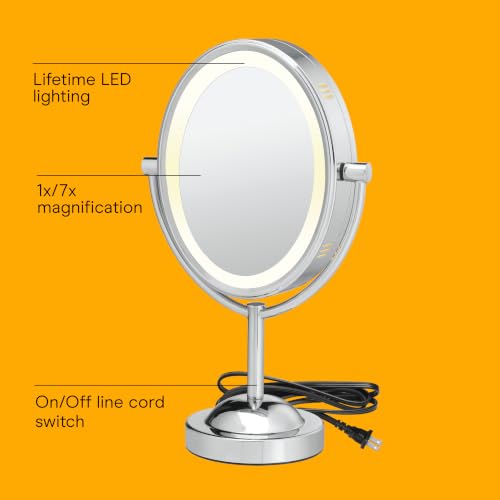 Conair Lighted Vanity Mirror 1X/7X Magnification with Line Cord, 6.5" x 8.5" Oval, Polished Chrome