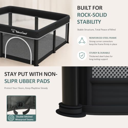Black Foldable Baby Playpen with Mat, 50x50 Inches, Breathable Mesh, Ocean Balls Included