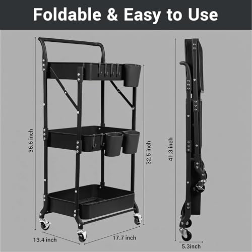 Amatic Black 3-Tier Foldable Rolling Utility Cart with Wheels & Hooks