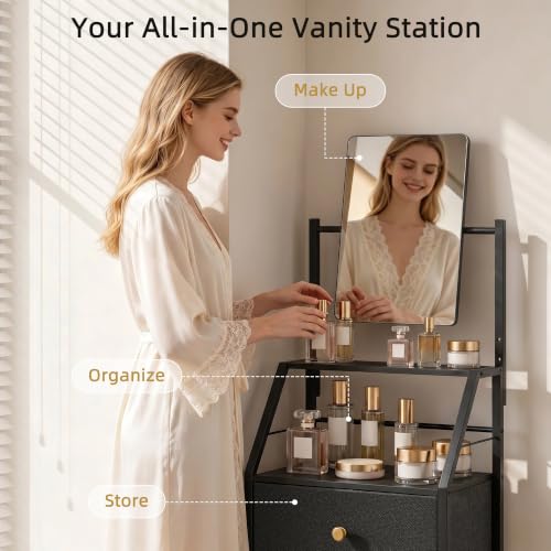 Vanity Dresser with Adjustable Mirror & 4 Fabric Drawers - Black, 15.3 W x 11 D x 58 H