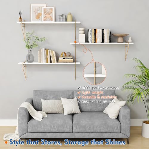 36 Inch Floating Wall Shelves with Gold Rail - White and Gold Book Storage