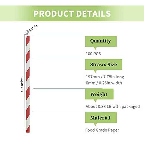 Red & White Striped Paper Straws, Disposable Drinking Straws for Birthday Christmas Party Decoration, 100% Biodegradable White Red Barber Stripes Straws Bulk 100