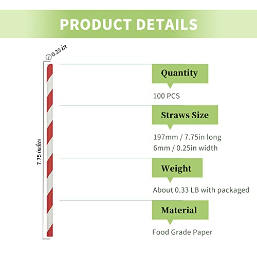 Red & White Striped Paper Straws Bulk 100pcs – 7.75in Disposable Kraft Straws, NBYILONG