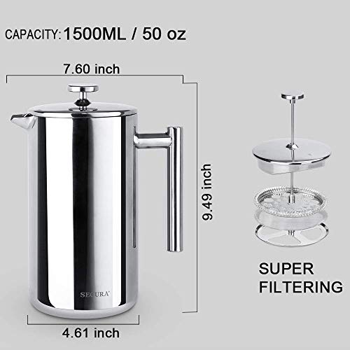 Secura French Press Coffee Maker, 304 Grade Stainless Steel Insulated