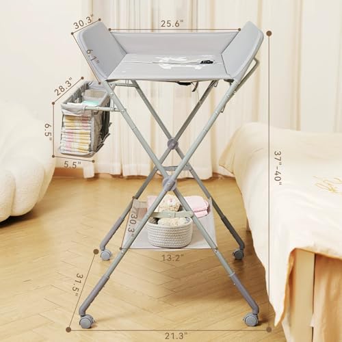 KARAOK Baby Changing Table with Wheels & Storage, Adjustable Height Portable Diaper Station