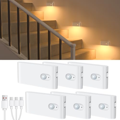 WILLED Rechargeable Motion Sensor Night Light 6 Pack - Indoor Warm White Pathway & Stairway Lighting, Magnetic & Easy Install
