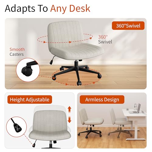 White Wheels Criss Cross Office Chair 26" Wide Armless Fabric Swivel Vanity Chair