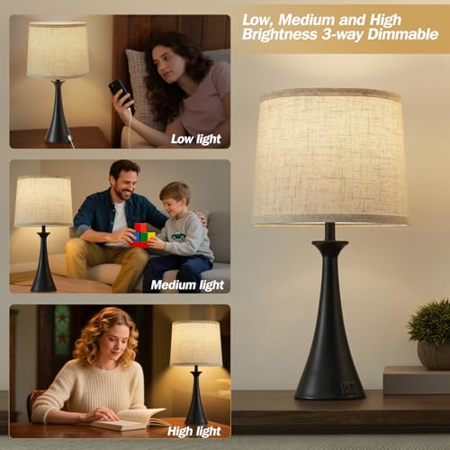 Black Touch Table Lamps Set of 2 - 21-inch Bedside Lamps with USB-C & A