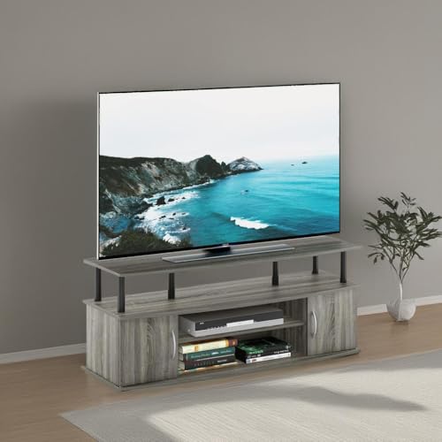 Furinno JAYA TV Stand for Up to 55 Inch TVs, French Oak Grey/Black - 55 Inch Plastic Pole Variation