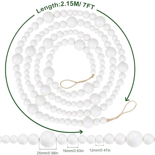 7ft White Wood Bead Garland - Rustic Christmas Decor, Tree & Mantel Accent (Brand: Woodeni) - 144 beads