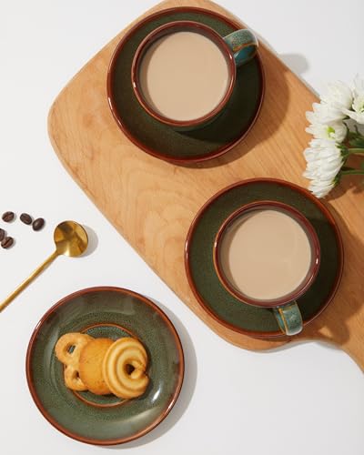 Sage Green Stoneware Coffee Cups with Saucers Set of 4 – Modern Espresso Mug Set