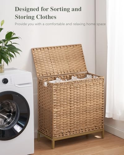 SETVSON 35 Gal Laundry Hamper with Lid, 3-Bag Clothes Sorter, Natural Rattan Finish