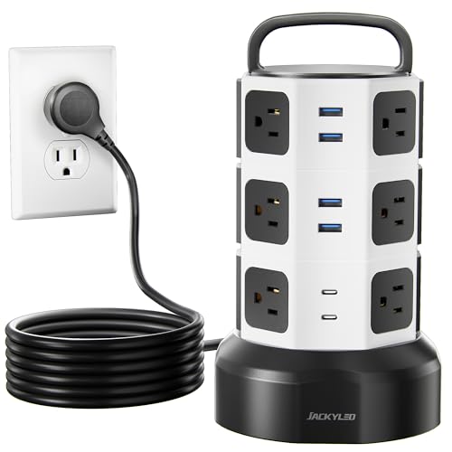JACKYLED Power Strip Tower Surge Protector with 12 Outlets 6 USB C Ports - White, 10ft Cord