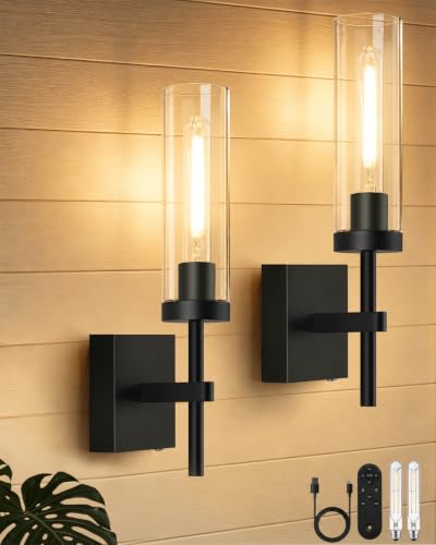 Rechargeable Wireless Wall Sconces Set of 2 with Remote Control - Matte Black & Clear Glass, 3000K Warm Light