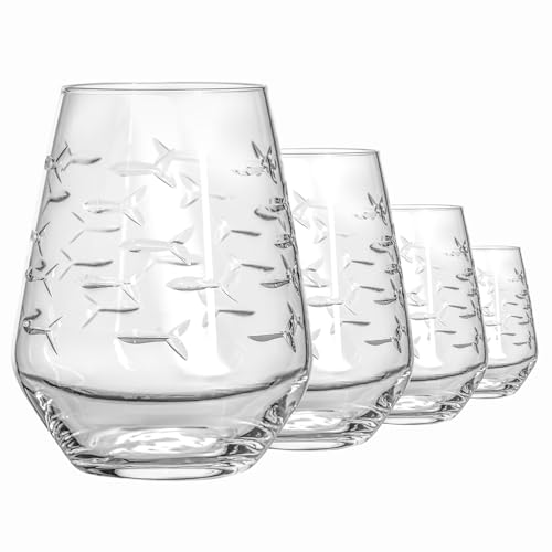 18oz School of Fish Stemless Wine Glasses Set of 4 - Lead-Free, Engraved, US Made
