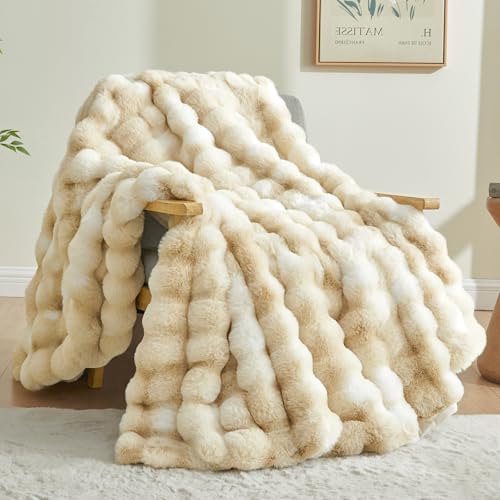 BEDELITE Tie-Dye Khaki Faux Fur Bubble Throw Blanket 50x60 for Couch & Home