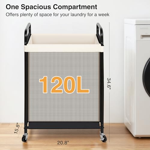 Large Laundry Hamper with Lockable Wheels, Removable Canvas Liner, Metal Frame