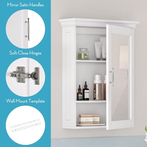 Wall Cabinet for Bathroom Medicine Storage with Mirror - White, 19.3 x 6 x 24.9 Inches - Soft Close Hinges
