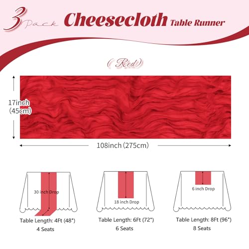 ACSUIT 3 Pack Red Cheesecloth Table Runner 17x108 Inch Semi Sheer Boho Fabric for Wedding & Party Decor