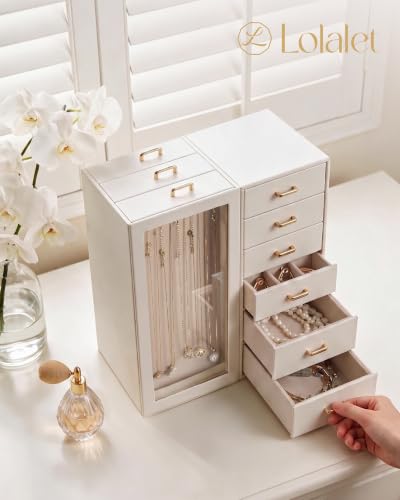 Lolalet Medium Beige Jewelry Box Organizer for Women - Holds 18 Necklaces & More