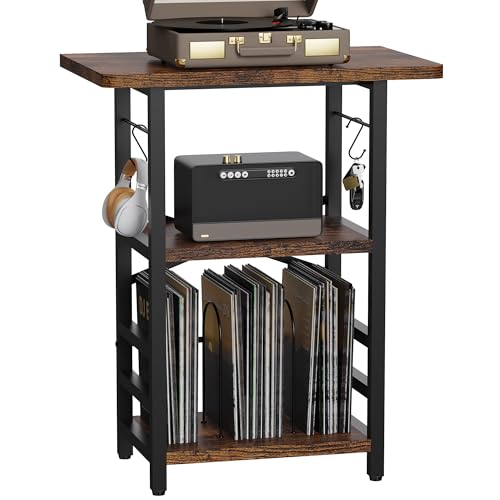 Record Player Stand with Vinyl Storage and Extended Desktop - Rustic Brown