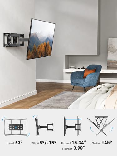 Pipishell Full Motion TV Wall Mount for 26-74 Inch TVs - Articulating Swivel & Tilt, Max 99lbs, Fits 12/16 Inch Wood Studs, Without LED