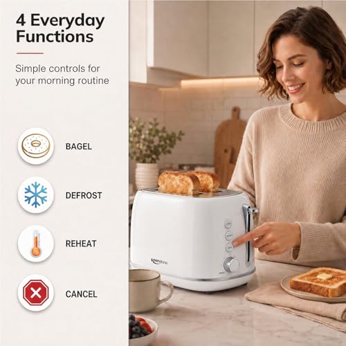 Keenstone 2 Slice Retro Stainless Steel Toaster - White Kitchen Appliance