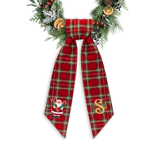 Personalized Christmas Wreath Sash with Monogram Letter S - Red Buffalo Plaid Holiday Decor
