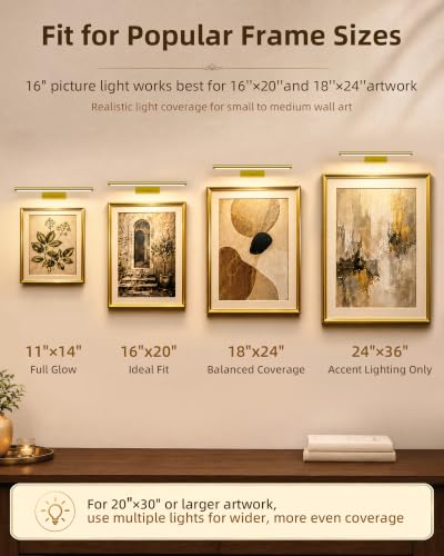 EZVALO 16 Inch Wireless Rechargeable LED Picture Light with IR Remote - Gold, 3 Color Temps, Dimmable, Magnetic Art Display Lighting (2 Pack)