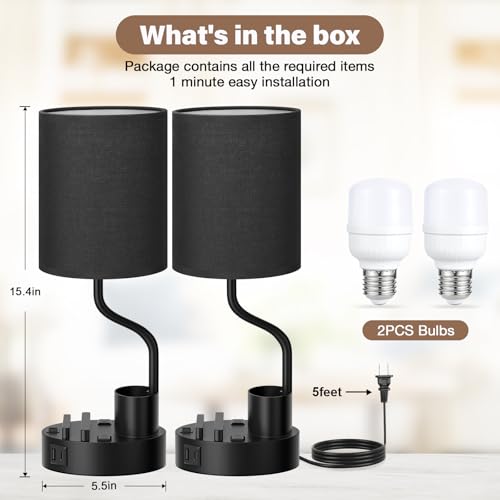 Fenmzee Bedside Lamps Set of 2 - Black Nightstand Lamps with USB & Outlets