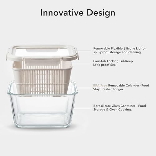 Beige Glass Produce Storage Containers with Removable Colanders and Silicone Lids - 2-Set