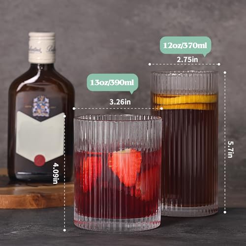 Moretoes Ribbed Glass Cups Set of 12 - 12oz & 13oz Vintage Drinking Glasses