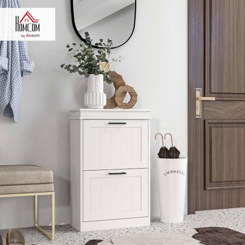 HOMCOM Narrow White Shoe Cabinet with 2 Flip Drawers - Entryway Storage
