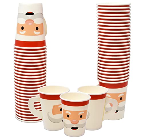 50 Pack Christmas Santa Face Paper Cups 9oz with Handles for Holiday Parties
