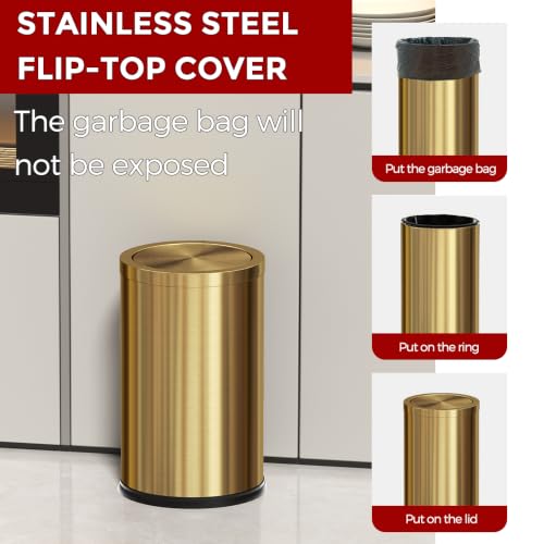 LEASYLIFE 4.7 Gallon Gold Bathroom Trash Can with Lid - Brushed Stainless Steel, Swing Lid, Non-Slip Base