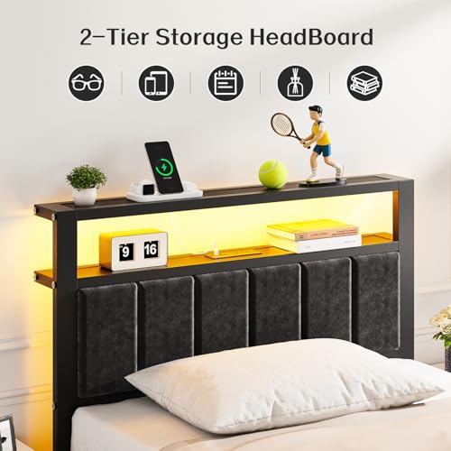 OLEVS Black Twin Bed Frame with LED Lights & USB Outlets, Storage Headboard