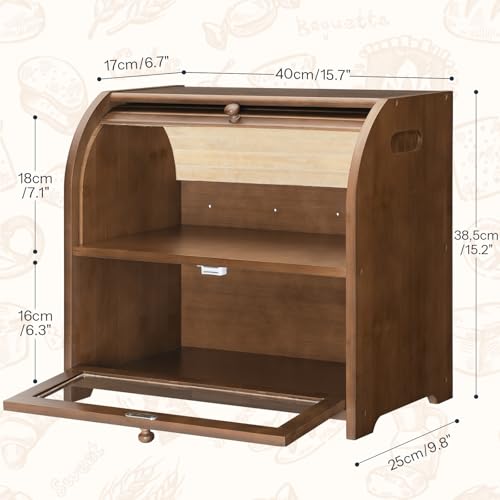 Brown Bamboo Bread Box for Kitchen Countertop, 2-Tier Roll-Top Food Storage