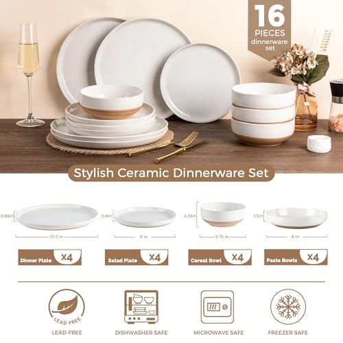 Light Beige Ceramic Dinnerware Set for 4 - 16 Pieces with Plates & Bowls